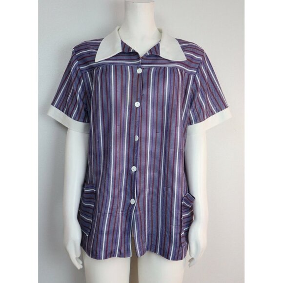 VINTAGE WOMEN'S BLUE STRIPED SHORT SLEEVE BUTTON-UP TOP - SIZE M - Picture 1 of 12